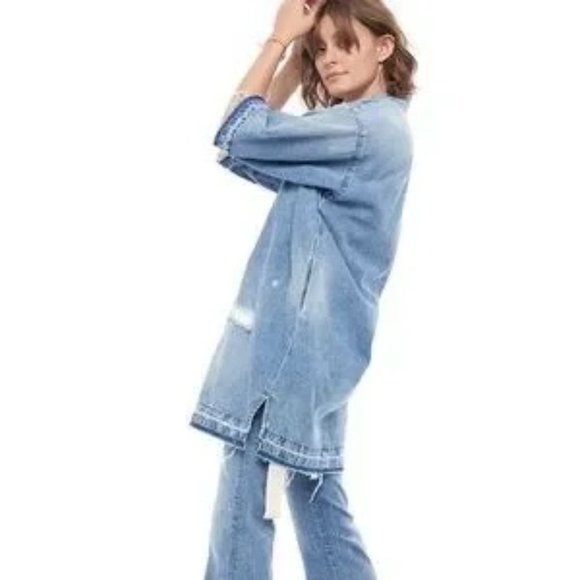 Sandrine Rose x Free People Distressed Open Front Denim Kimono Jacket size small - Picture 2 of 13